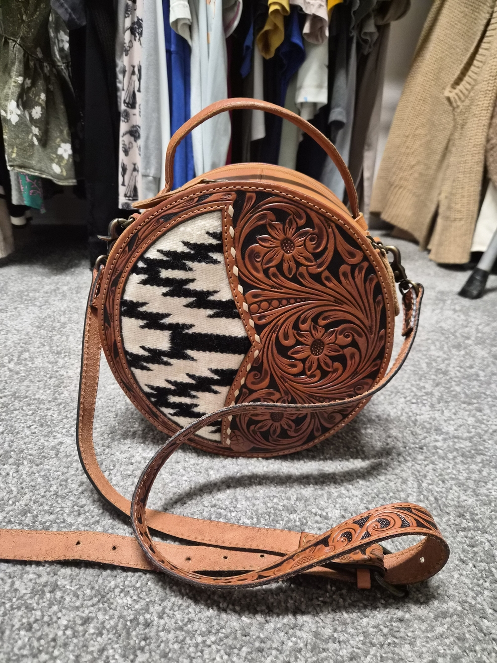 American Darling Brown Tooled Leather & Black-White Southwestern Round Crossbody